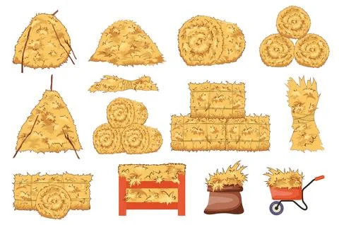 Hay bales set graphic elements in flat design. Bundle of bales of wheat str.. Stockillustratie
