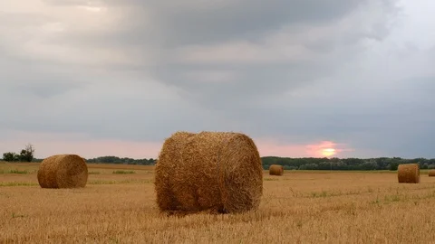 Hay bales in the sunset Stock Footage 122002394