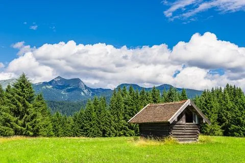 Hay hut in the Humpback Meadows between Mittenwald and Kruen, Germany Stock Photos
