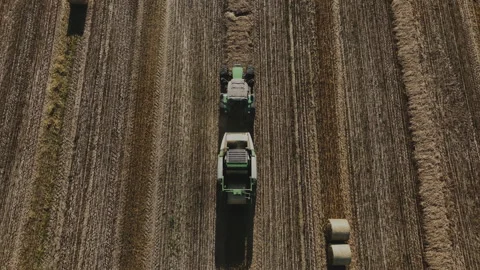 Hay making in field. Tractor with round baler. Video stock 218284988