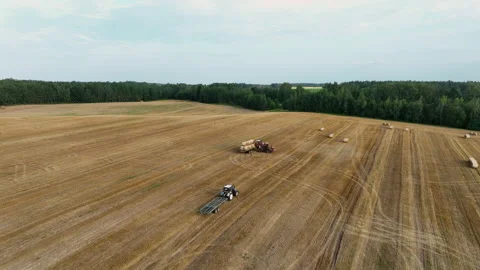Hay Making. Tractor transportation the round bales on Hay Trailer. 動画素材 204819747