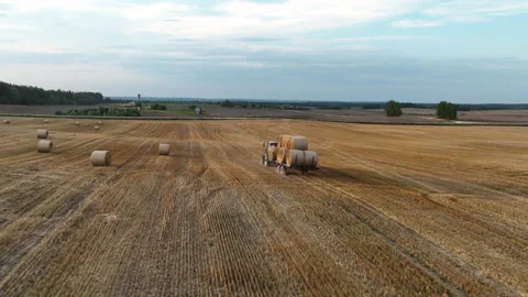 Hay Making. Tractor transportation the round bales on Hay Trailer. Stock-Footage 206568869