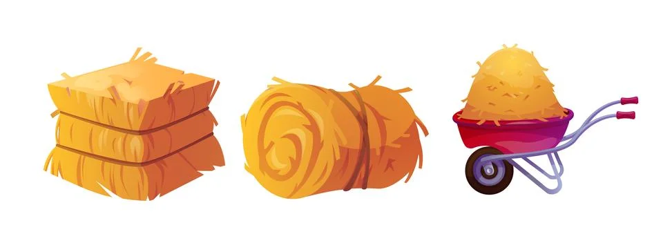 Hay stack in block, roll and on red wheelbarrow. Stock Illustration