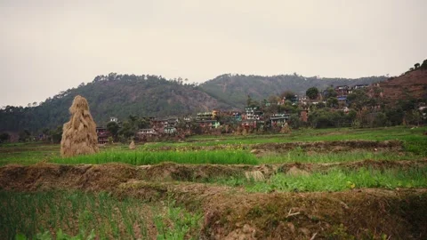 Hay stack overlooking colorful hillside village under moody grey sky Nepal Stock Footage 342135597
