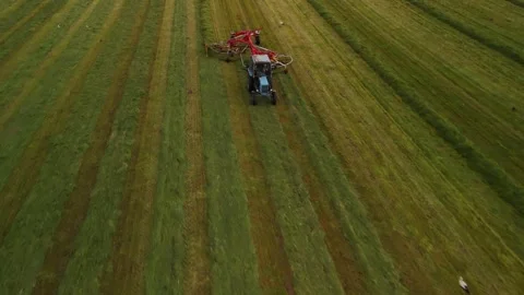 Hay Tedder Making Rows Across a Grass Field, Pulled by a Blue Tractor | Drone 스톡 동영상 345012826