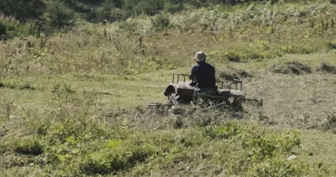 Hay tedder working on Alpine mountain pastures in the Italian Alps Vidéo 319151533