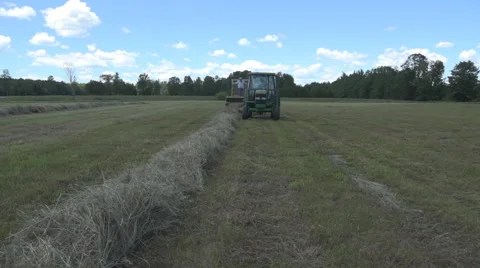 Haying square bales with a tractor and trailer. Stock Footage 61399309