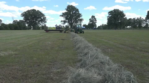 Haying square bales with a tractor and trailer. Stock Footage 61542582