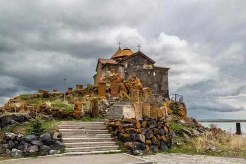 Hayravank Monastery on coast of Sevan Lake in Armenia Stock Photos