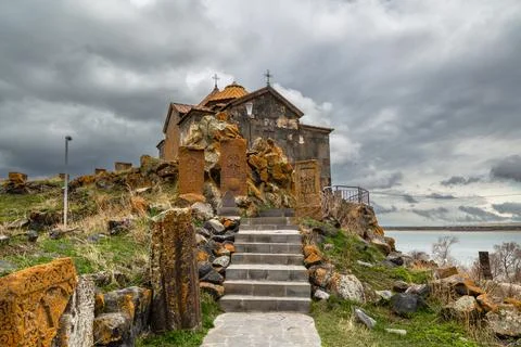 Hayravank Monastery on coast of Sevan Lake in Armenia Stock Photos