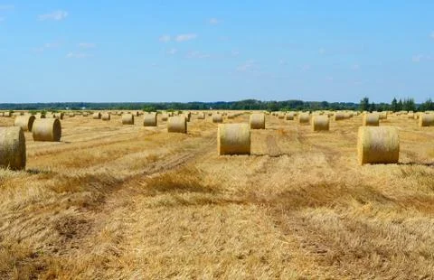 Haystack against the sky. Haymaking time. Stock Photos