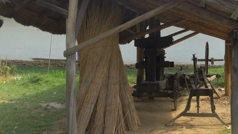 Haystack and medieval objects in Village Museum Stock Footage 88017550