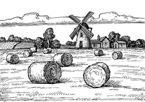 Haystack field and mill. Stock Illustration