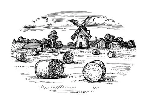 Haystack field and mill. Illustrazione stock