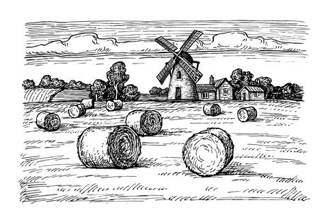 Haystack field and mill. Illustrazione stock