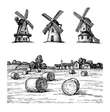 Haystack field and mills sketches. Stock Illustration