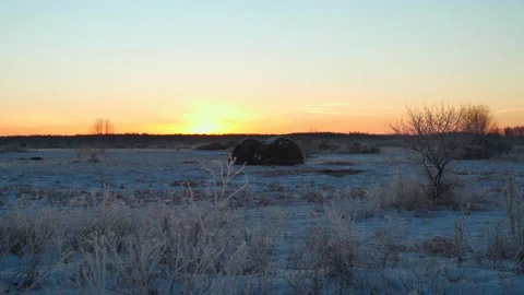A haystack in a field in the early winter morning at dawn. Rural area. Stock Footage 301549666