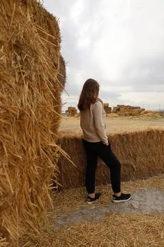 Haystack field person Foto stock