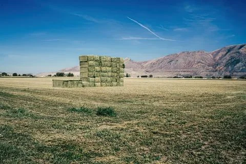 Haystack in a flat field with mountains and blue sky Stock Photos