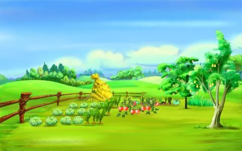 Haystack in a Garden Under Blue Sky in a Summer Day Stock Illustration