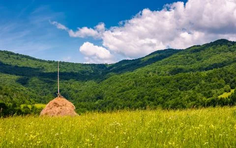 Haystack on a grassy pasture in mountains Stock Photos