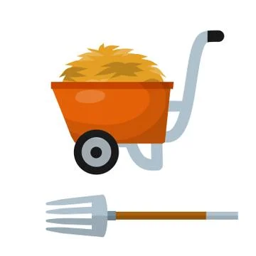 Haystack, red wheelbarrow, pitchfork. Tool for harvesting. Rural landscape. Stock Illustration
