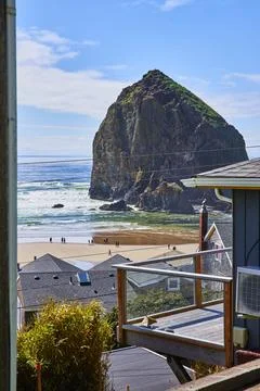 Haystack Rock Beach Day from Elevated Balcony Perspective Stock Photos