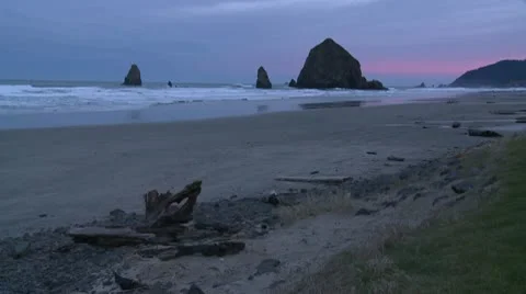 Haystack rock beach ws predawn blue/pink sky Stock Footage 10681814