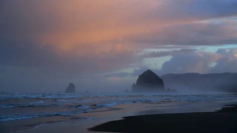 Haystack Rock, Cannon Beach, Oregon - Sunrise Stock Footage 234003912