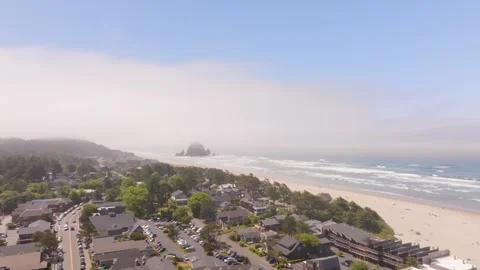 Haystack Rock Cannon Beach Oregon  Aerial Drone Coastal Fog Morning Stock Footage 336696520