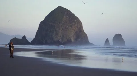 Haystack Rock on the Oregon Coast at Sunset Stock Footage 52026476