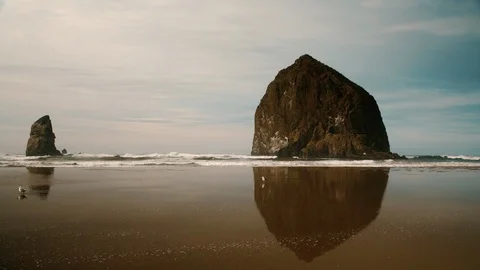 Haystack rock wide angle with Seagulls on the Cannon Beach 库存影片 102417340