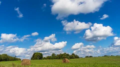 A haystack rolls on the summer field on blue sky background. Stock Photos