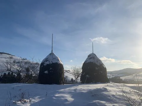 Haystack for the winter. Animal feed in the form of hay. Dry hay for livestoc Stock Photos