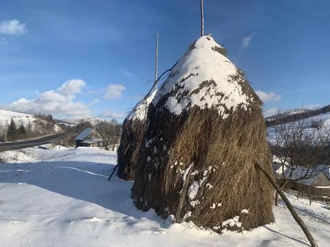 Haystack for the winter. Animal feed in the form of hay. Dry hay for livestoc Stock Photos