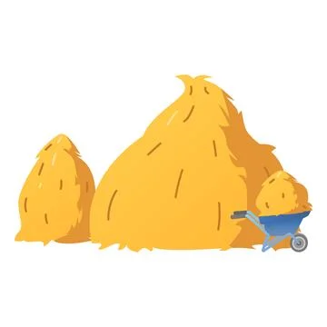 Haystacks and cart vector flat illustration, cartoon haystack, dry golden straw Stock Illustration