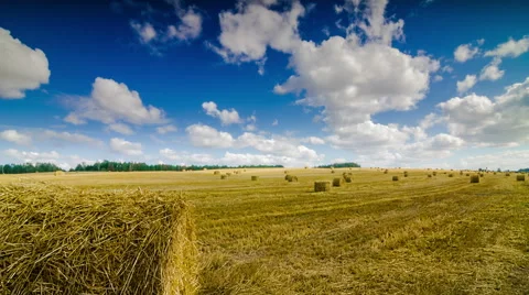 Haystacks On The Field Under The Clouds Time Lapse 4K Stock Footage 55108380