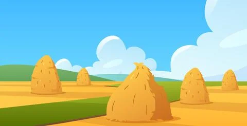 Haystacks in fields vector flat illustration, cartoon bale of hay straw barn and Illustrazione stock