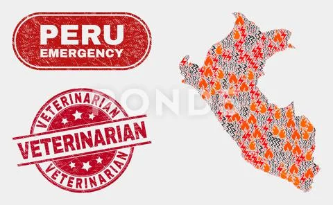 Hazard and Emergency Collage of Peru Map and Distress Veterinarian Stamp Stock Illustration