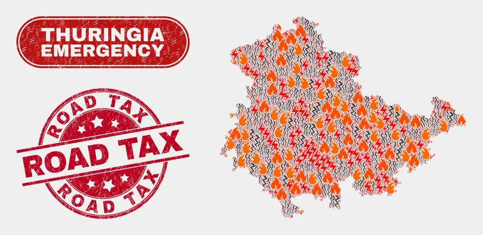 Hazard and Emergency Collage of Thuringia Land Map and Distress Road Tax Stamp Illustrazione stock
