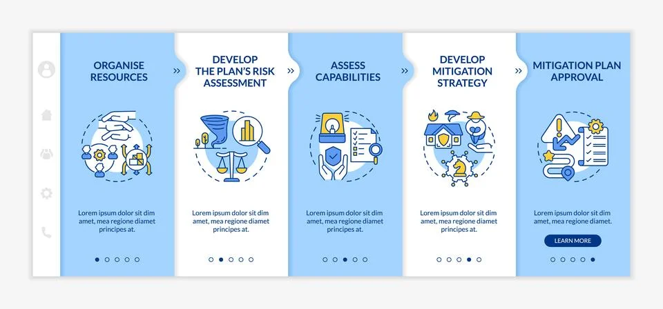 Hazard mitigation steps blue and white onboarding template Illustrazione stock