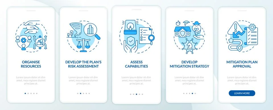 Hazard mitigation steps blue onboarding mobile app screen Illustrazione stock
