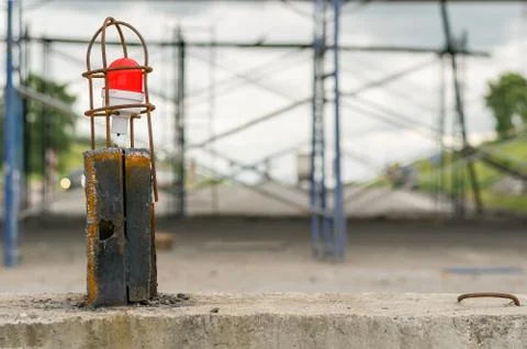 Hazard warning warning light on the background of major road repairs Stock Photos