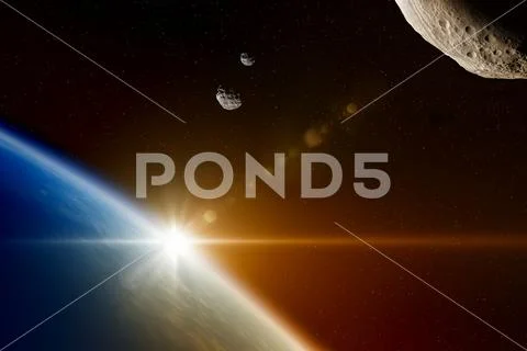 Hazardous asteroids from deep space approaches planet Earth, doomsday countdo Stock Photos