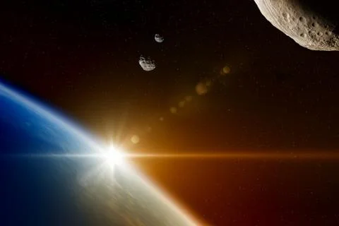 Hazardous asteroids from deep space approaches planet Earth, doomsday countdo Stock Photos
