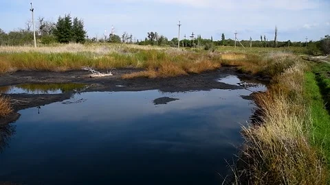 Hazardous chemicals are released into the soil. Contamination. Stockbeeldmateriaal 222587059