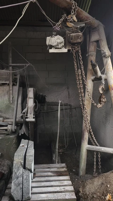 Hazardous Dust Covered Stone Cutting Workshop And Masonry Machinery Stock Footage 332059921