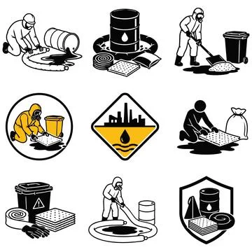 Hazardous Material Spill Cleanup and Containment Procedures Vector Icon Set Stock Illustration