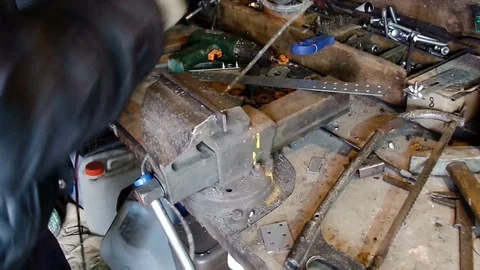 Hazardous metal cutting angular grinding machine at home Stock Footage 71466532