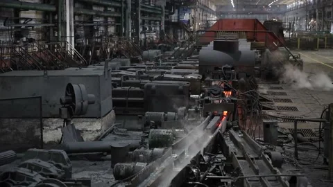 Hazardous metal production. The general plan of the machines on which moves hot Stock Footage 101781940